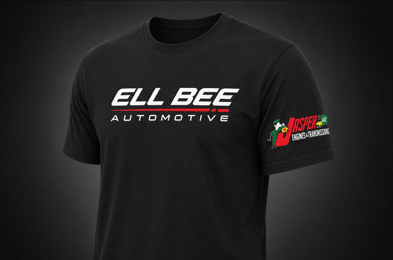 Custom ELL BEE shirt with Jasper Engine sleeve logo